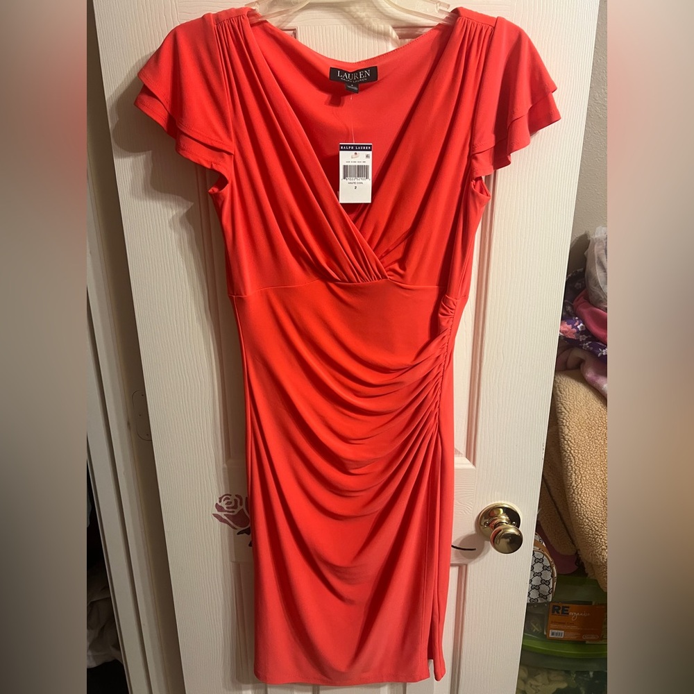 Ralph Lauren Coral-Red Ruched Wrap Midi Dress